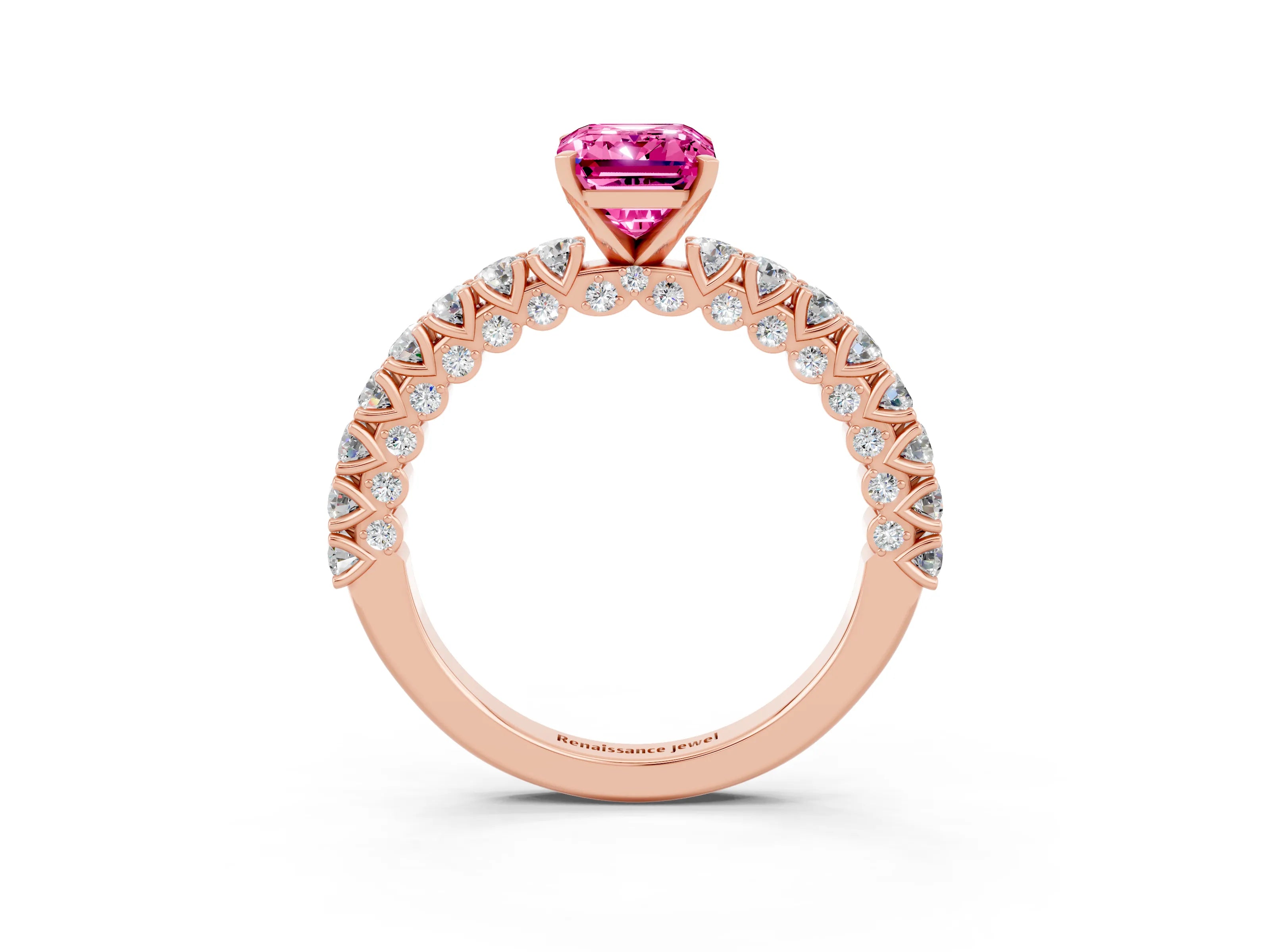 Rose gold Emerald Cut Diamond Pavé Band Solitaire Ring with Prong Setting_3
