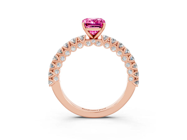 Rose gold Emerald Cut Diamond Pavé Band Solitaire Ring with Prong Setting