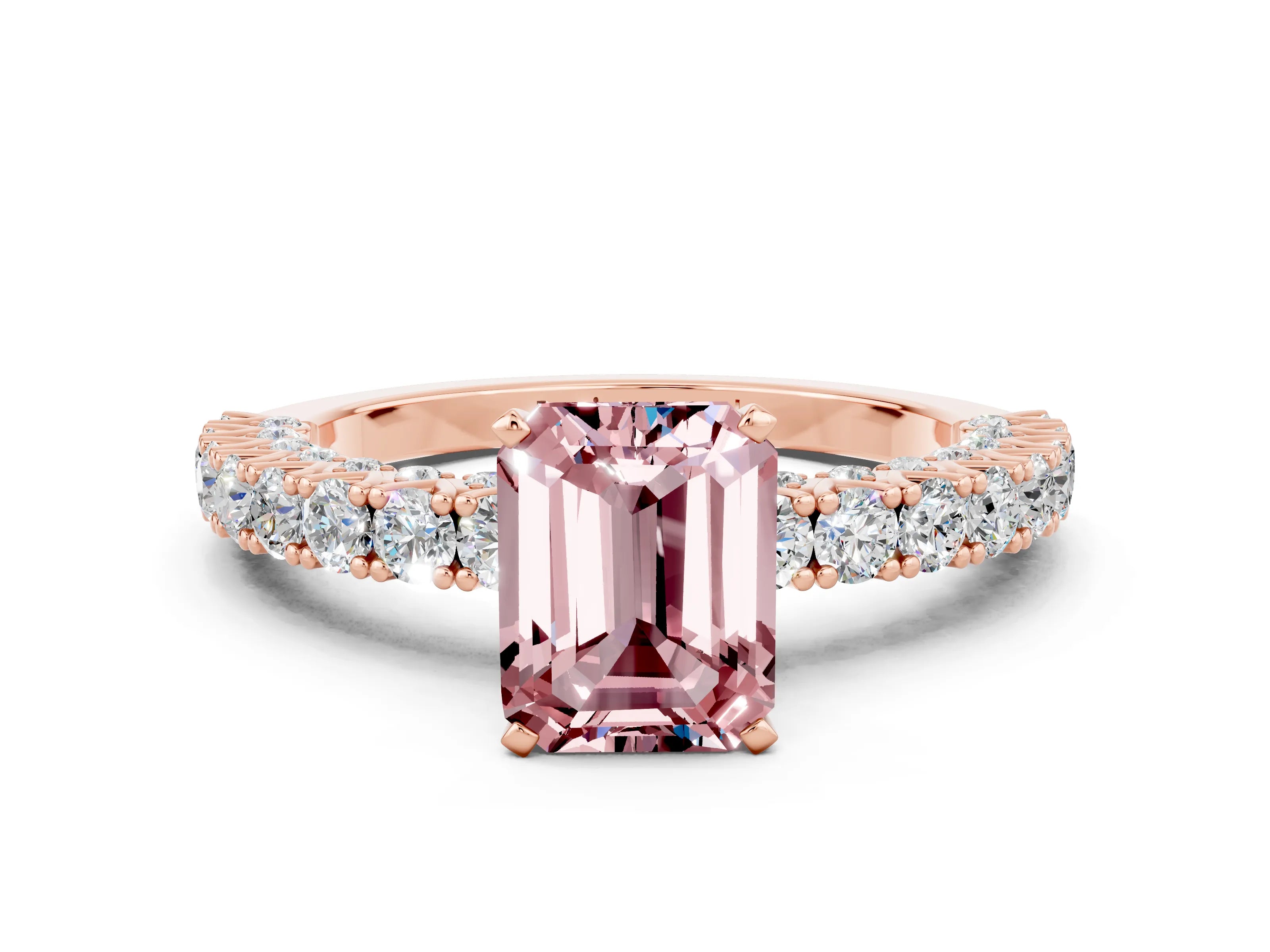 Rose gold Emerald Cut Diamond Pavé Band Solitaire Ring with Prong Setting