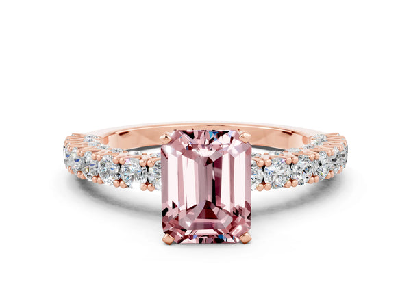 Rose gold Emerald Cut Diamond Pavé Band Solitaire Ring with Prong Setting
