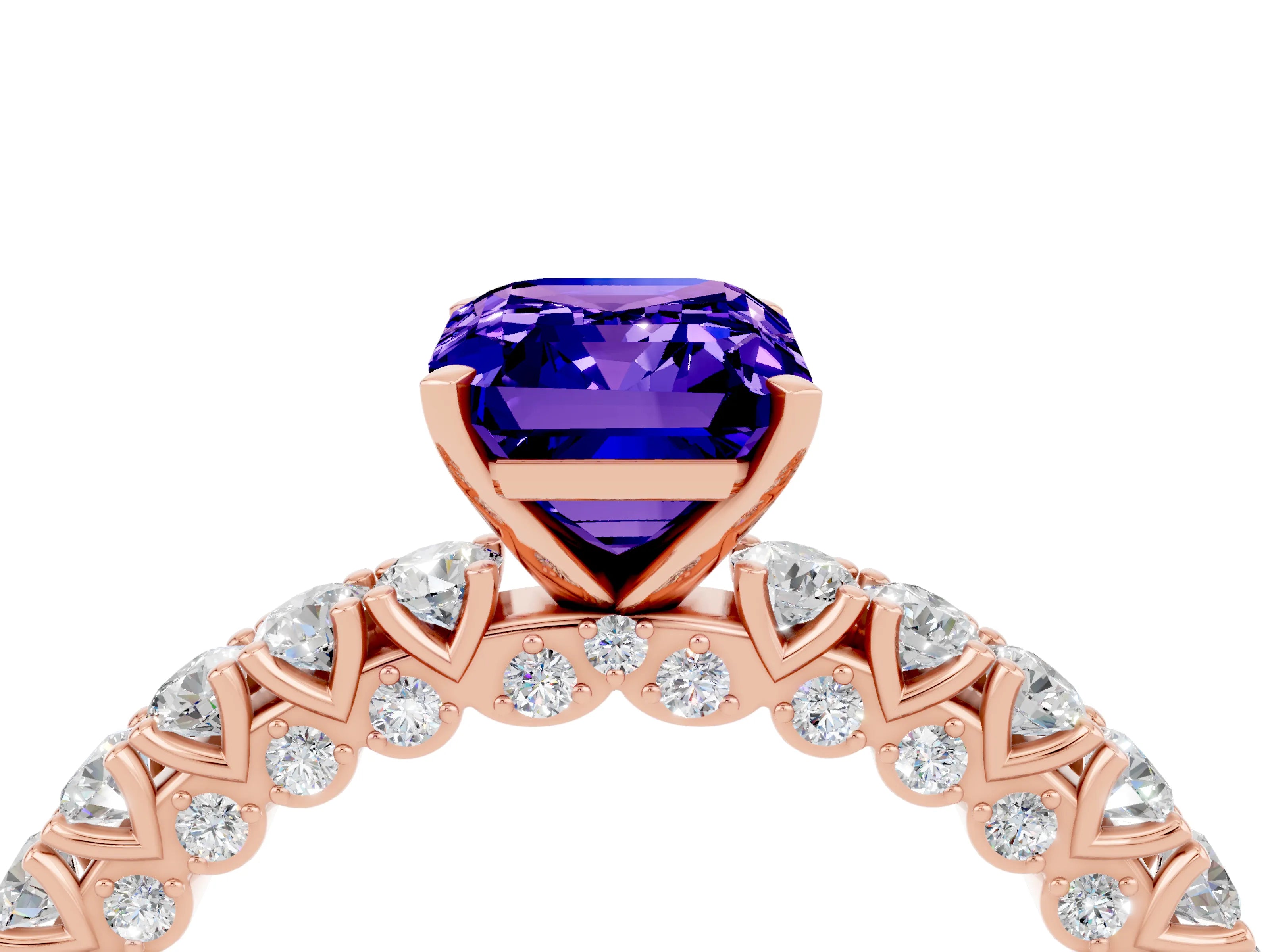 Rose gold Emerald Cut Diamond Pavé Band Solitaire Ring with Prong Setting_4