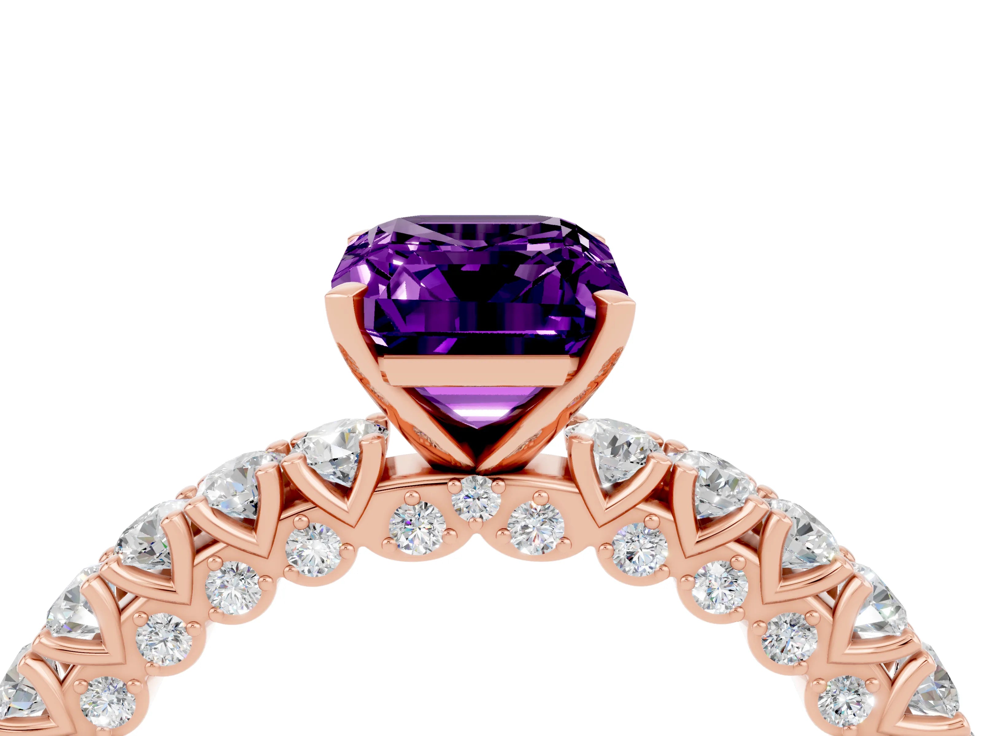 Rose gold Emerald Cut Diamond Pavé Band Solitaire Ring with Prong Setting_4