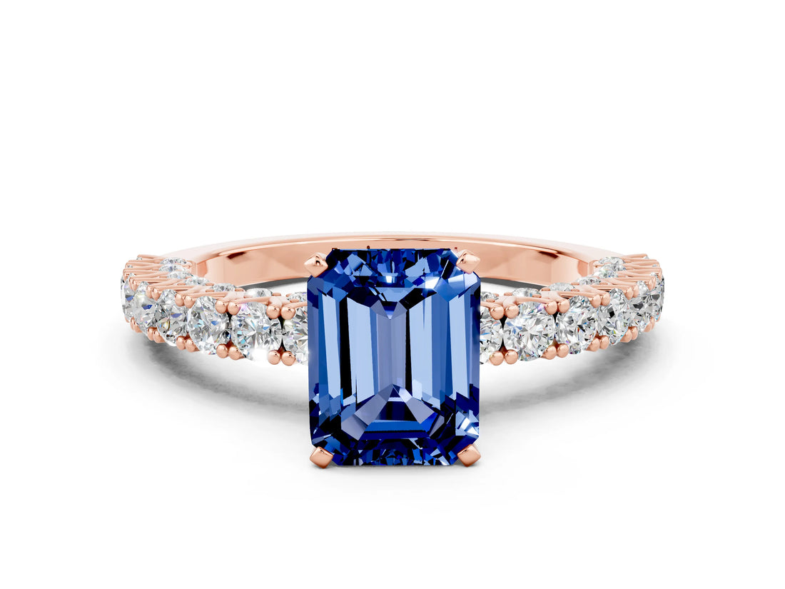 Rose gold Emerald Cut Diamond Pavé Band Solitaire Ring with Prong Setting
