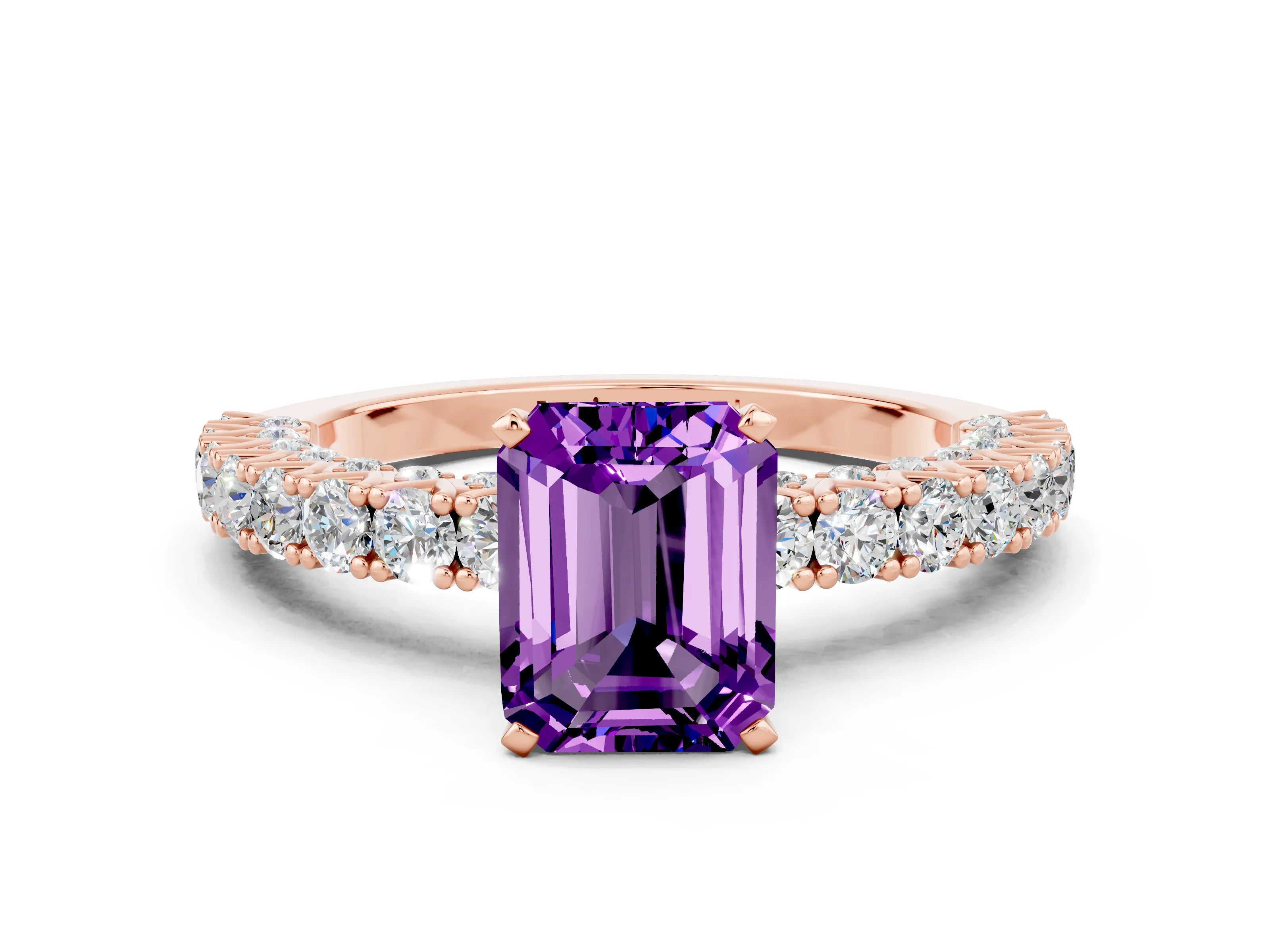 Rose gold Emerald Cut Diamond Pavé Band Solitaire Ring with Prong Setting