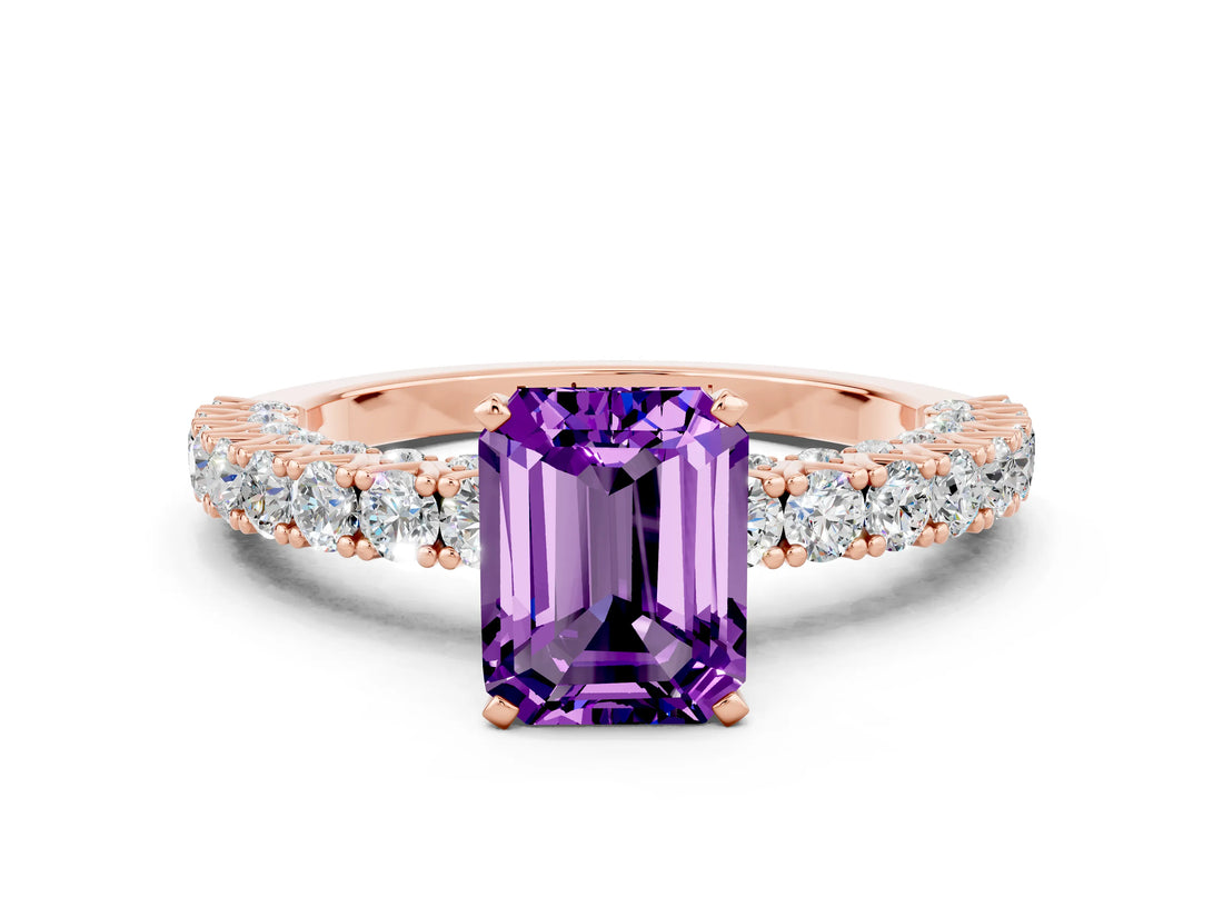 Rose gold Emerald Cut Diamond Pavé Band Solitaire Ring with Prong Setting