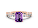 Rose gold Emerald Cut Diamond Pavé Band Solitaire Ring with Prong Setting
