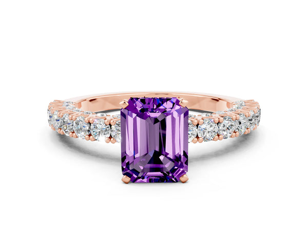 Rose gold Emerald Cut Amethyst Solitaire Ring with Round Accent Pavé Band and Prong Setting