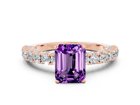 Rose gold Emerald Cut Diamond Pavé Band Solitaire Ring with Prong Setting
