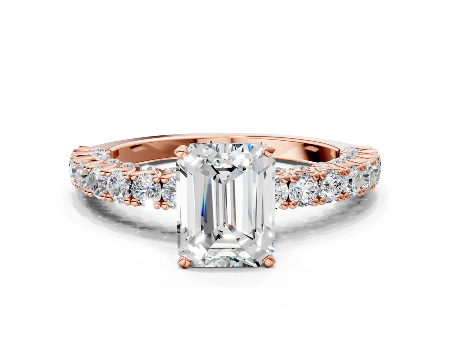 Rose gold Emerald Cut Diamond Pavé Band Solitaire Ring with Prong Setting