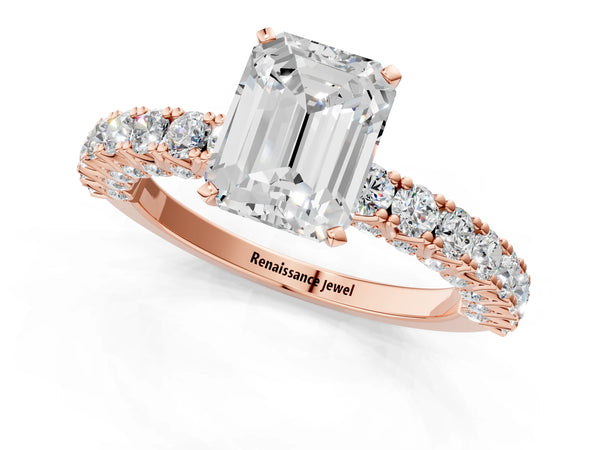 Rose gold Emerald Cut Diamond Pavé Band Solitaire Ring with Prong Setting