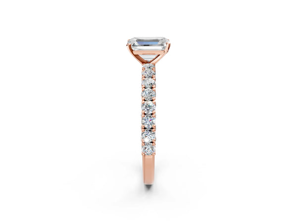 Rose gold Emerald Cut Diamond Pavé Band Solitaire Ring with Prong Setting