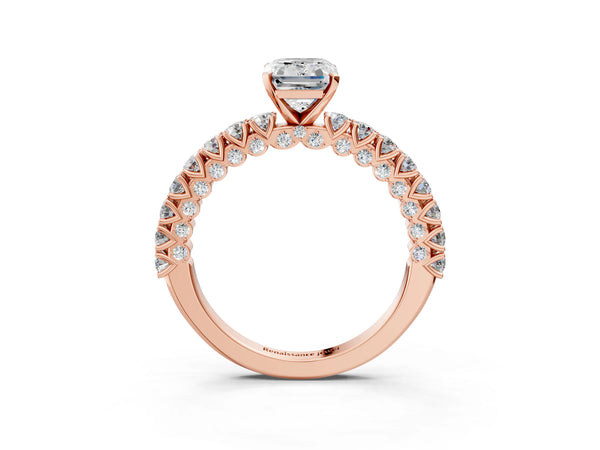 Rose gold Emerald Cut Diamond Pavé Band Solitaire Ring with Prong Setting