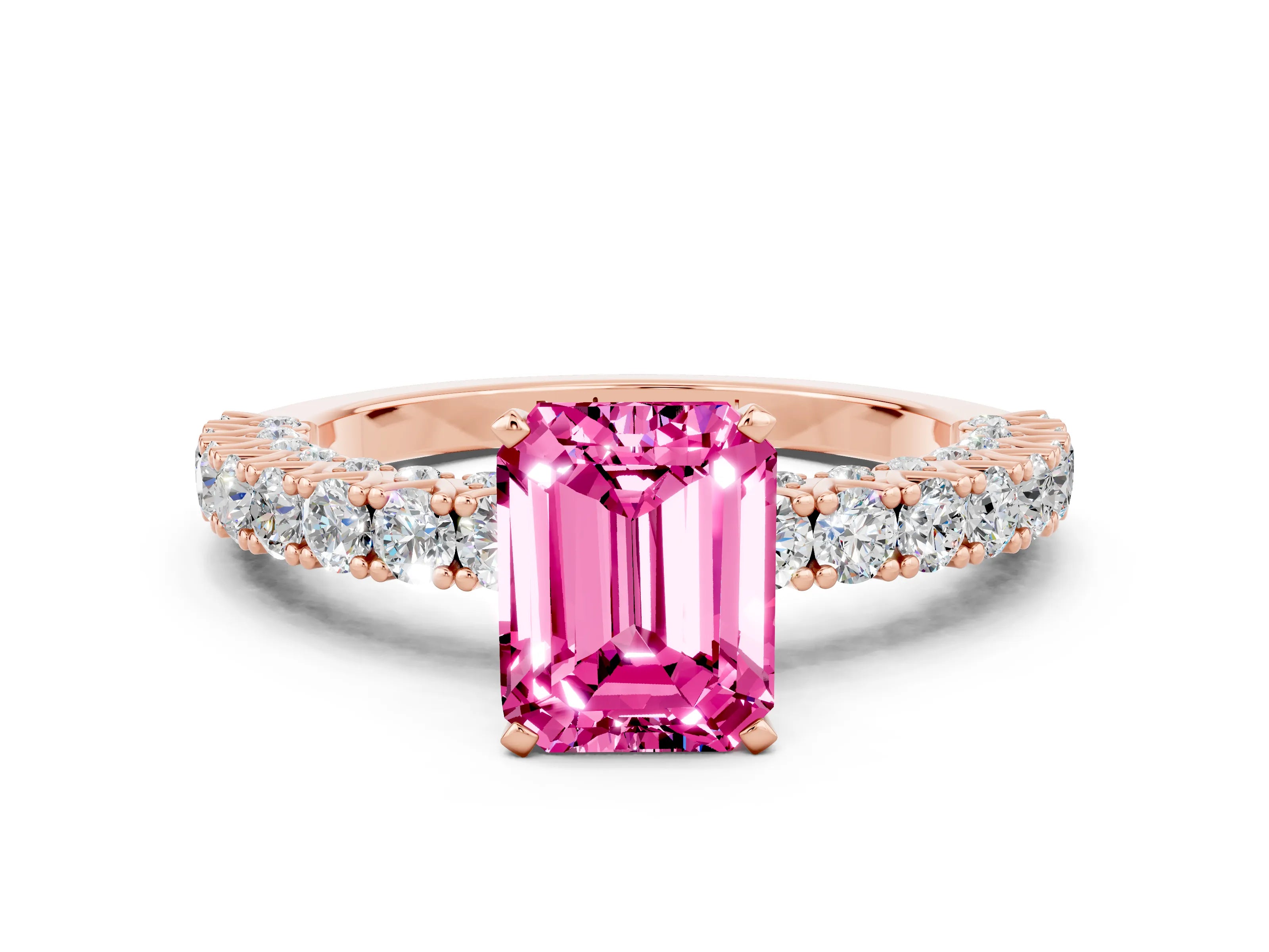 Rose gold Emerald Cut Diamond Pavé Band Solitaire Ring with Prong Setting
