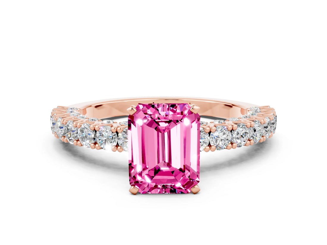 Rose gold Emerald Cut Diamond Pavé Band Solitaire Ring with Prong Setting