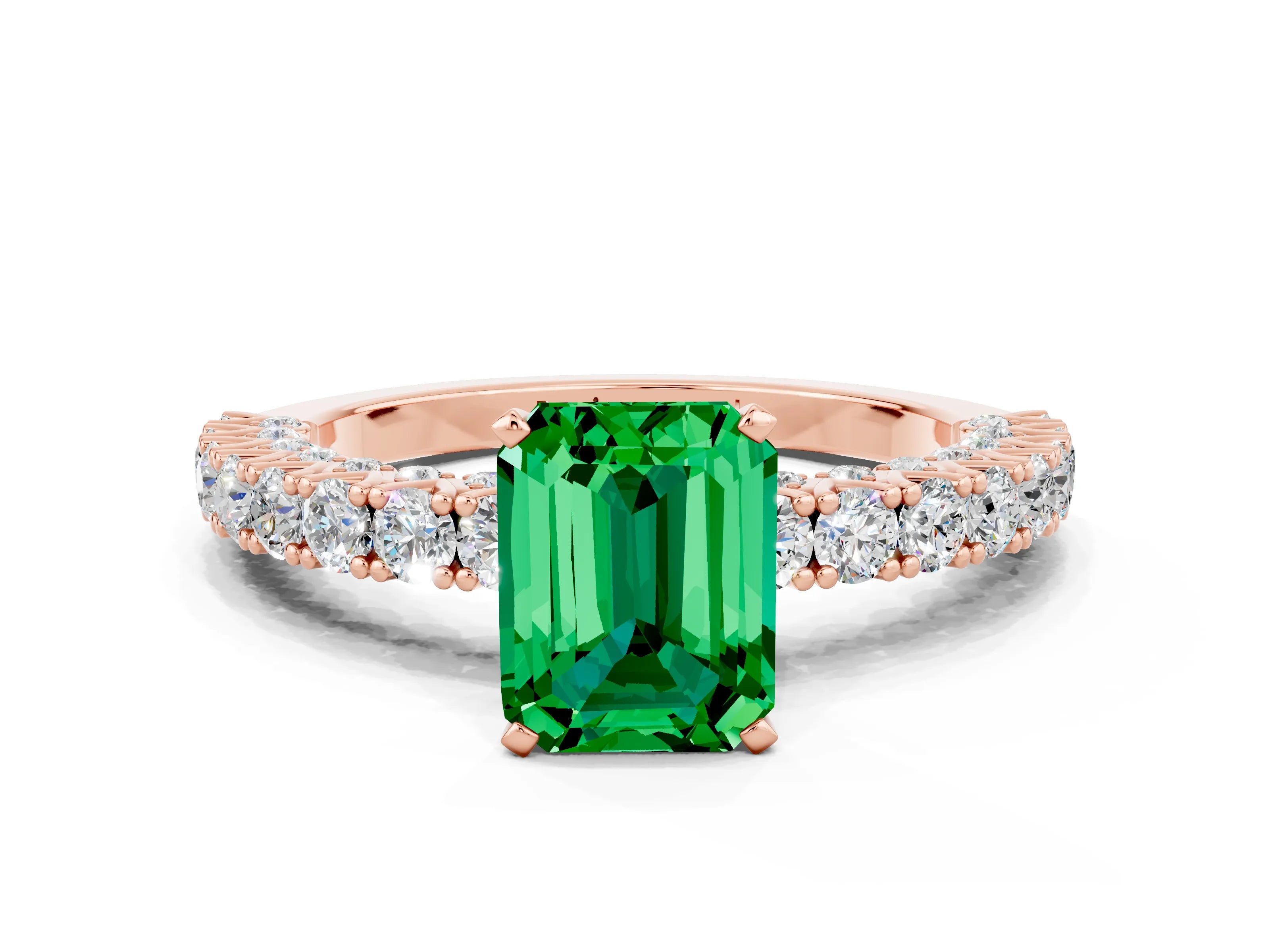 Rose gold Emerald Cut Diamond Pavé Band Solitaire Ring with Prong Setting