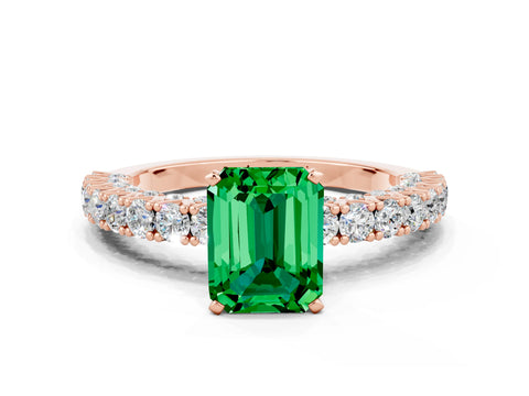 Rose gold Emerald Cut Diamond Pavé Band Solitaire Ring with Prong Setting