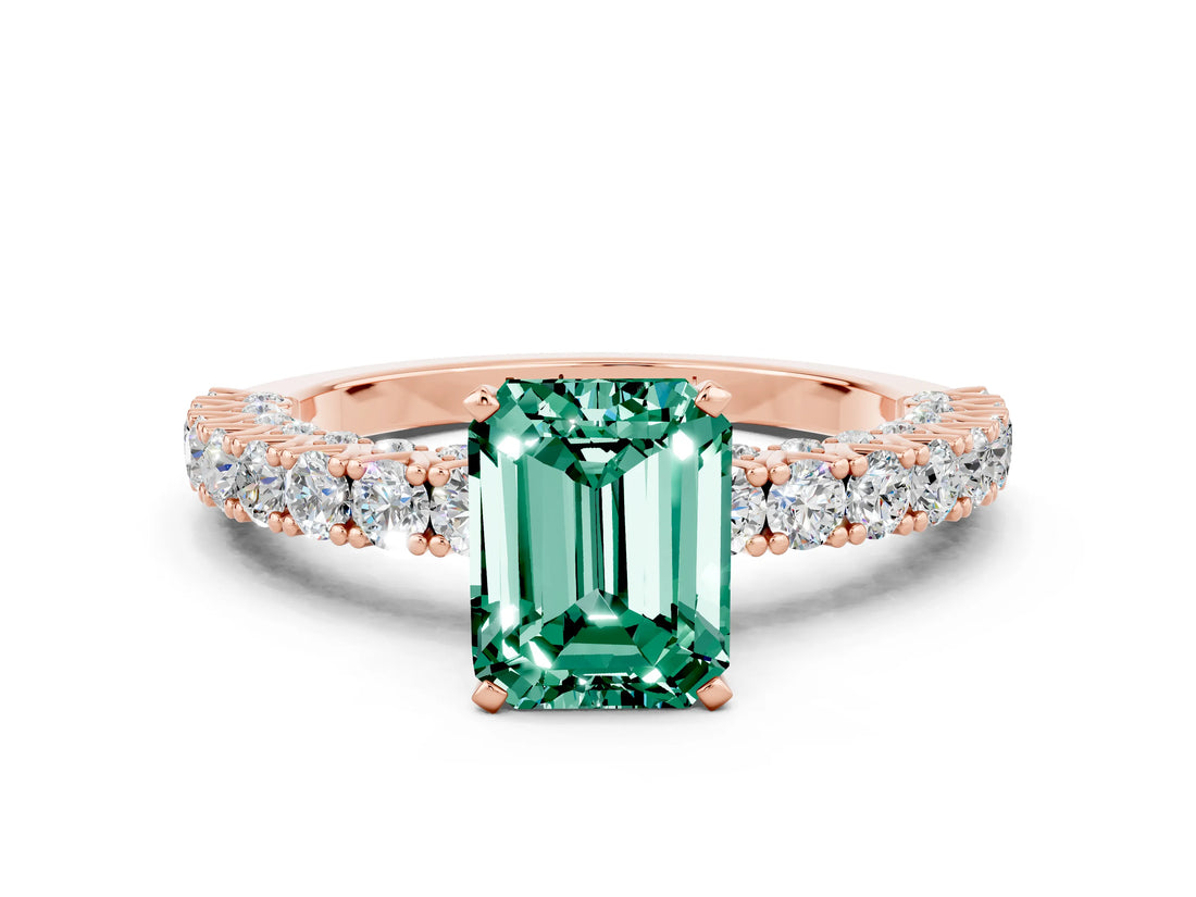 Rose gold Emerald Cut Diamond Pavé Band Solitaire Ring with Prong Setting