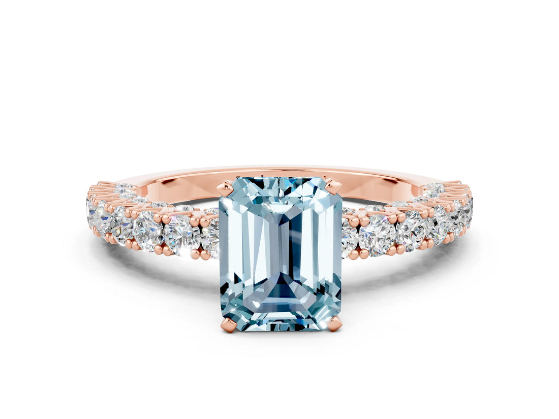 Rose gold Emerald Cut Diamond Pavé Band Solitaire Ring with Prong Setting