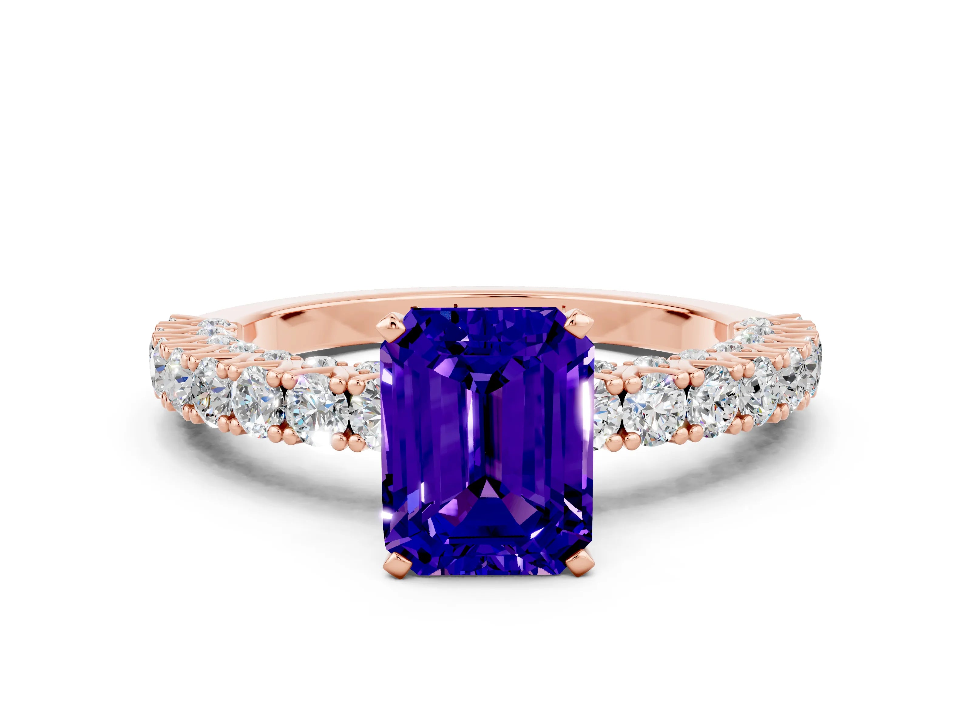 Rose gold Emerald Cut Diamond Pavé Band Solitaire Ring with Prong Setting
