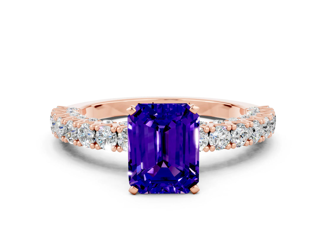 Rose gold Emerald Cut Diamond Pavé Band Solitaire Ring with Prong Setting