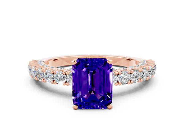 Rose gold Emerald Cut Diamond Pavé Band Solitaire Ring with Prong Setting