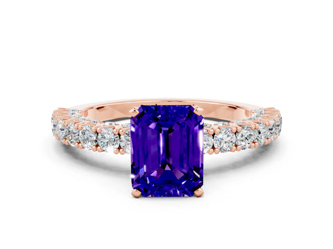 Rose gold Emerald Cut Diamond Pavé Band Solitaire Ring with Prong Setting