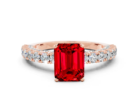 Rose gold Emerald Cut Diamond Pavé Band Solitaire Ring with Prong Setting