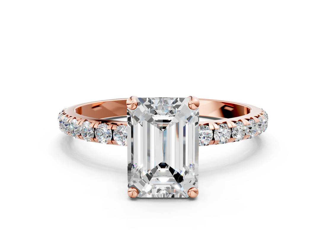 Rose gold Emerald Cut Diamond Pavé Band Solitaire with Four-Prong Setting_3