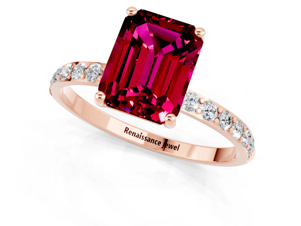 Rose gold Emerald Cut Garnet Solitaire Ring with Round Pavé Shoulders and Prong Setting