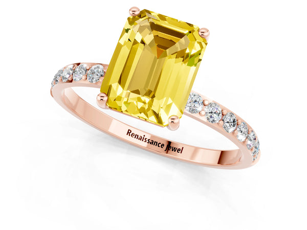 Rose gold Emerald Cut Yellow Sapphire Solitaire Ring with Round Pavé Shoulders and Prong Setting