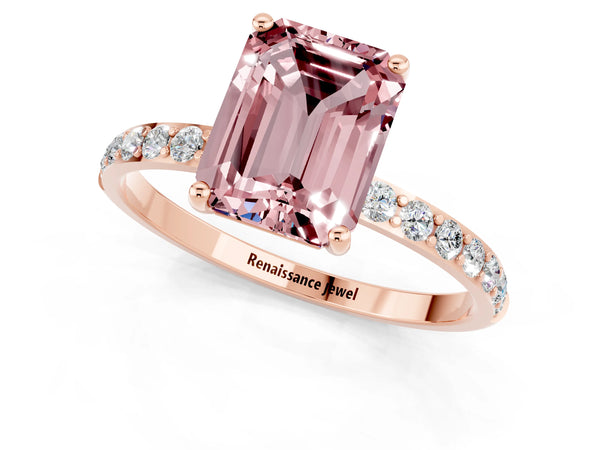 Rose gold Emerald Cut Diamond Pavé Band with Six-Prong Setting