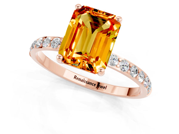 Rose gold Emerald Cut Citrine Solitaire Ring with Round Pavé Shoulders and Prong Setting
