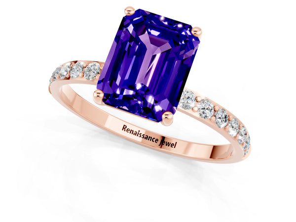 Rose gold Emerald Cut Tanzanite Solitaire Ring with Round Pavé Shoulders and Prong Setting