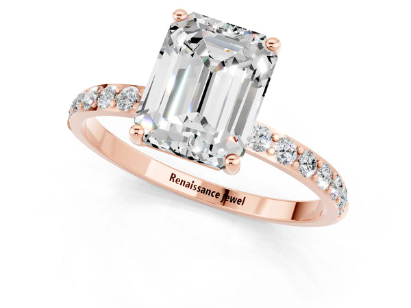 Rose gold Emerald Cut Moissanite Solitaire Ring with Round Pavé Shoulders and Prong Setting