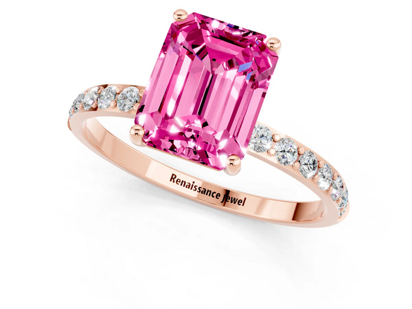 Rose gold Emerald Cut Pink Sapphire Solitaire Ring with Round Pavé Shoulders and Prong Setting