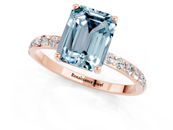Rose gold Emerald Cut Aquamarine Solitaire Ring with Round Pavé Shoulders and Prong Setting
