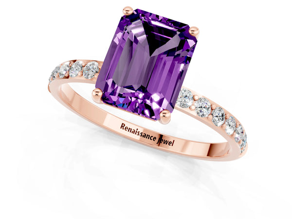 Rose gold Emerald Cut Amethyst Solitaire Ring with Round Pavé Shoulders and Prong Setting