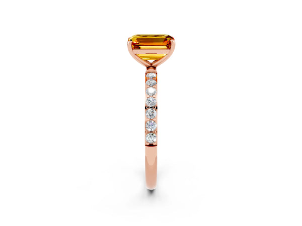 Rose gold Emerald Cut Citrine Solitaire Ring with Round Pavé Shoulders and Prong Setting