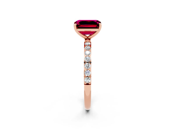 Rose gold Emerald Cut Garnet Solitaire Ring with Round Pavé Shoulders and Prong Setting