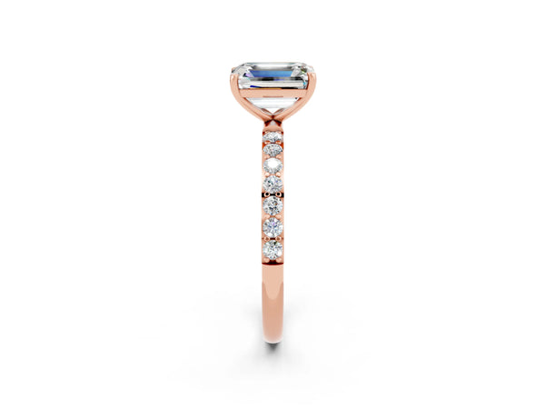 Rose gold Emerald Cut Moissanite Solitaire Ring with Round Pavé Shoulders and Prong Setting