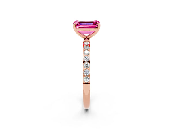 Rose gold Emerald Cut Pink Sapphire Solitaire Ring with Round Pavé Shoulders and Prong Setting
