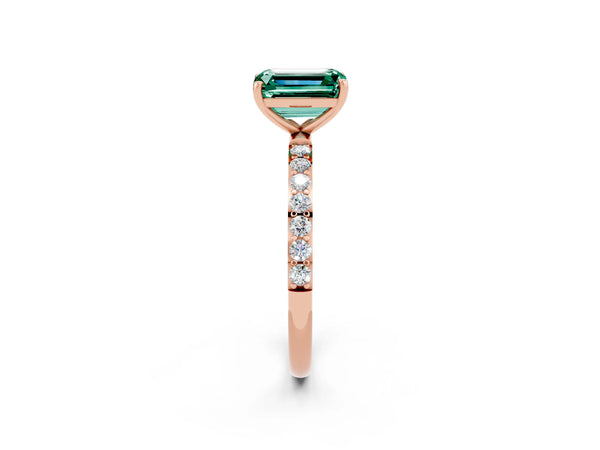 Rose gold Emerald Cut Green Sapphire Solitaire Ring with Round Pavé Shoulders and Prong Setting