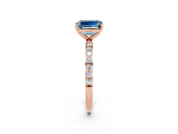 Rose gold Emerald Cut Aquamarine Solitaire Ring with Round Pavé Shoulders and Prong Setting