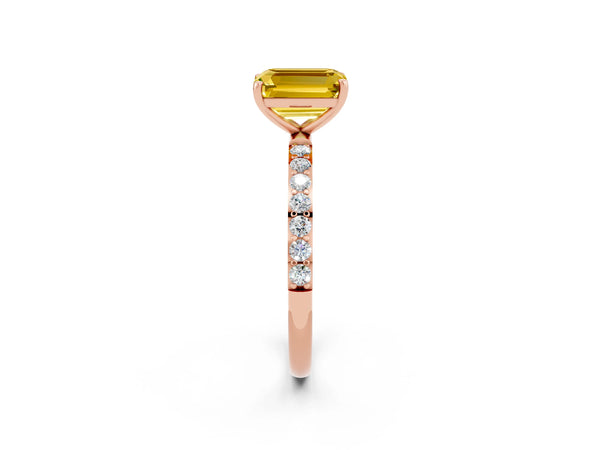 Rose gold Emerald Cut Yellow Sapphire Solitaire Ring with Round Pavé Shoulders and Prong Setting