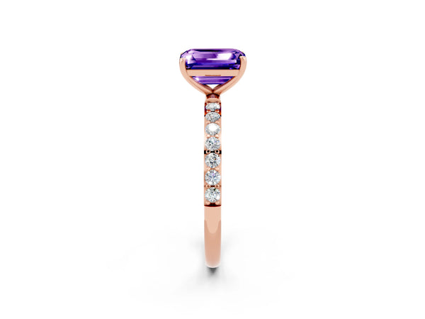 Rose gold Emerald Cut Tanzanite Solitaire Ring with Round Pavé Shoulders and Prong Setting