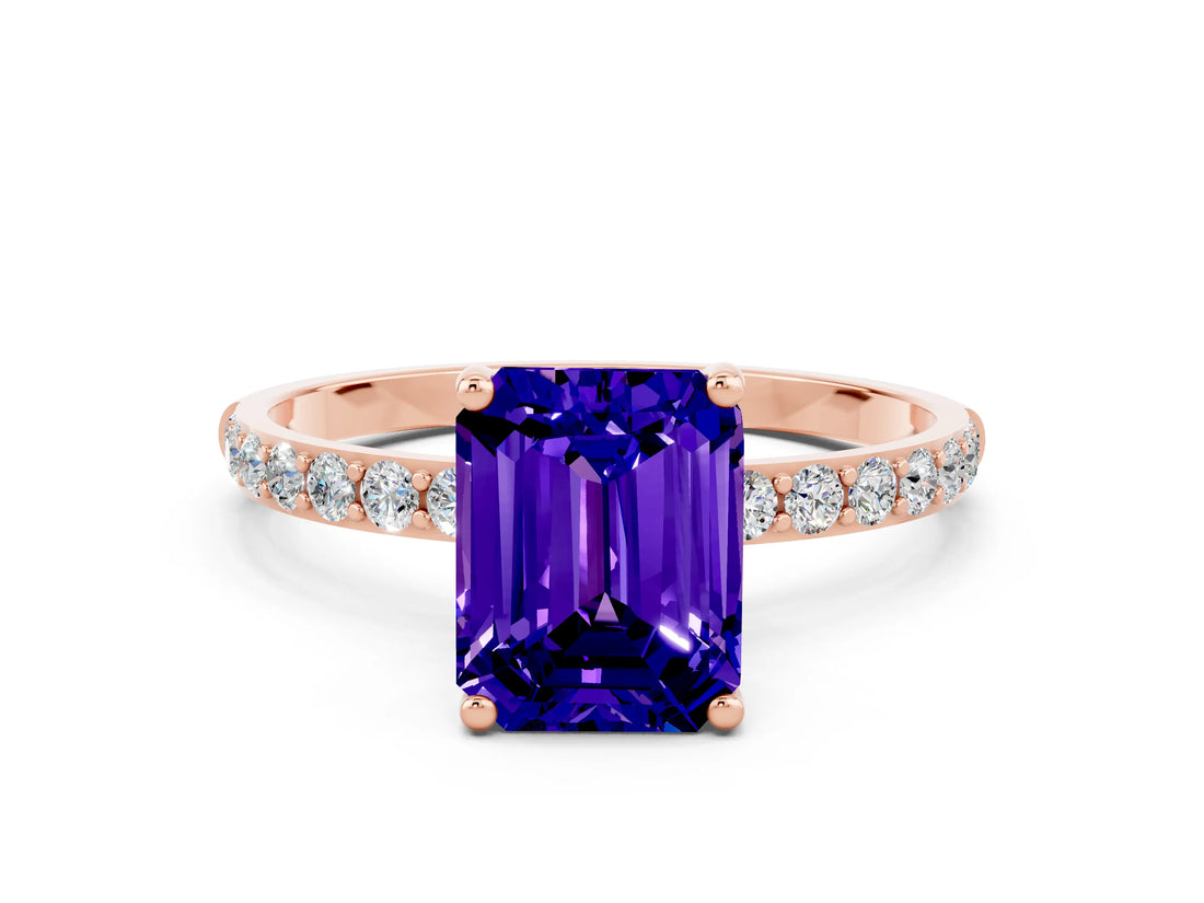 Rose gold Emerald Cut Diamond Pavé Band with Six-Prong Setting