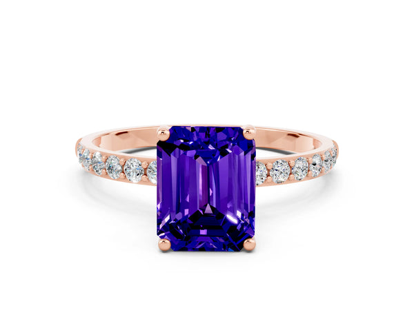 Rose gold Emerald Cut Tanzanite Solitaire Ring with Round Pavé Shoulders and Prong Setting
