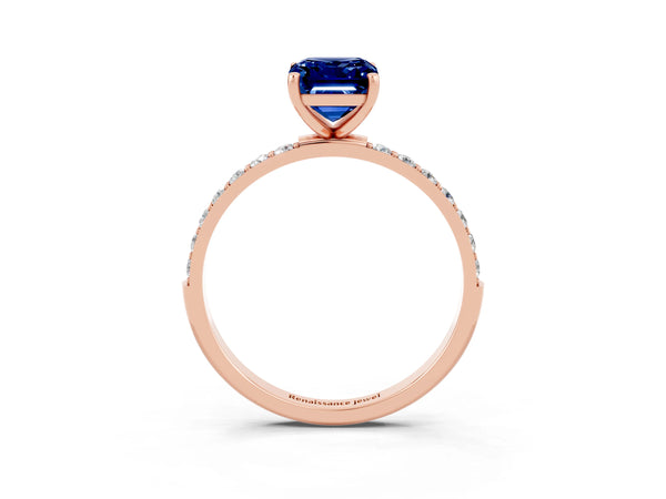 Rose gold Emerald Cut Blue Sapphire Solitaire Ring with Round Pavé Shoulders and Prong Setting
