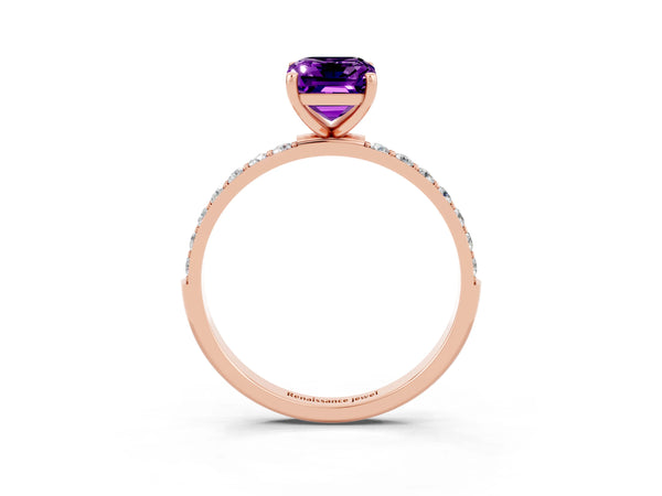 Rose gold Emerald Cut Amethyst Solitaire Ring with Round Pavé Shoulders and Prong Setting
