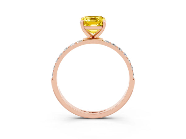 Rose gold Emerald Cut Yellow Sapphire Solitaire Ring with Round Pavé Shoulders and Prong Setting
